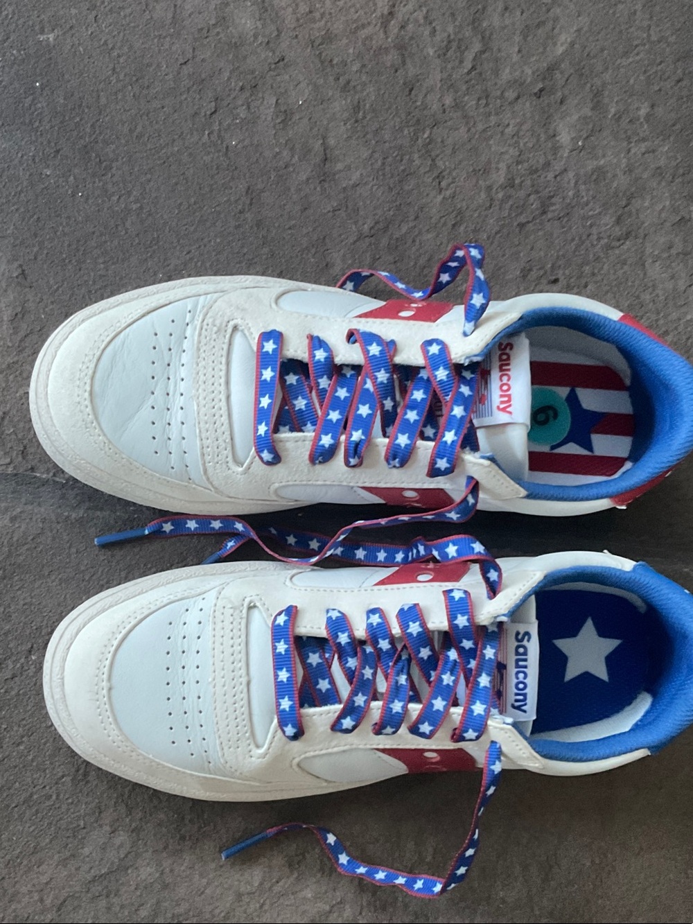 Spirit of 76, Saucony White Sneakers with Red & Blue Star Laces size 6